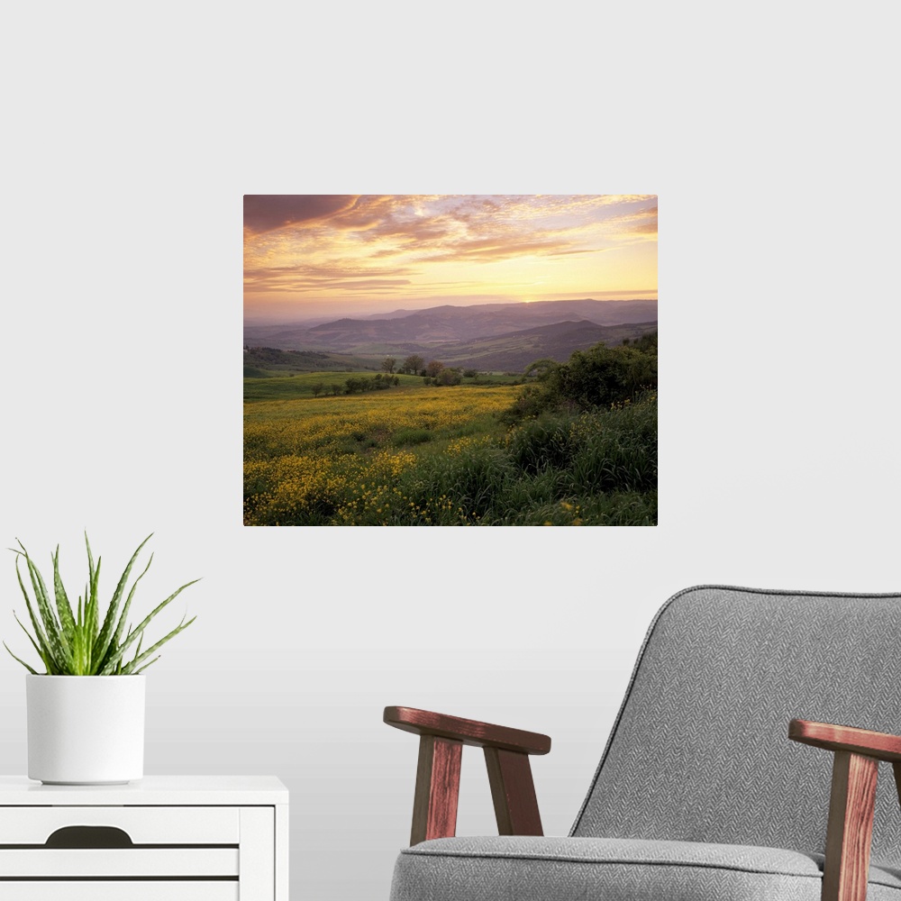 A modern room featuring Sunset over Val d'Orcia, near Castiglione d'Orcia, Tuscany, Italy