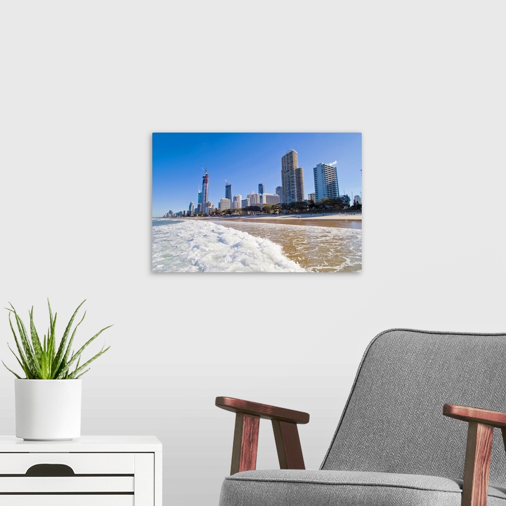 A modern room featuring Surfers Paradise beach and high rise buildings, the Gold Coast, Queensland, Australia