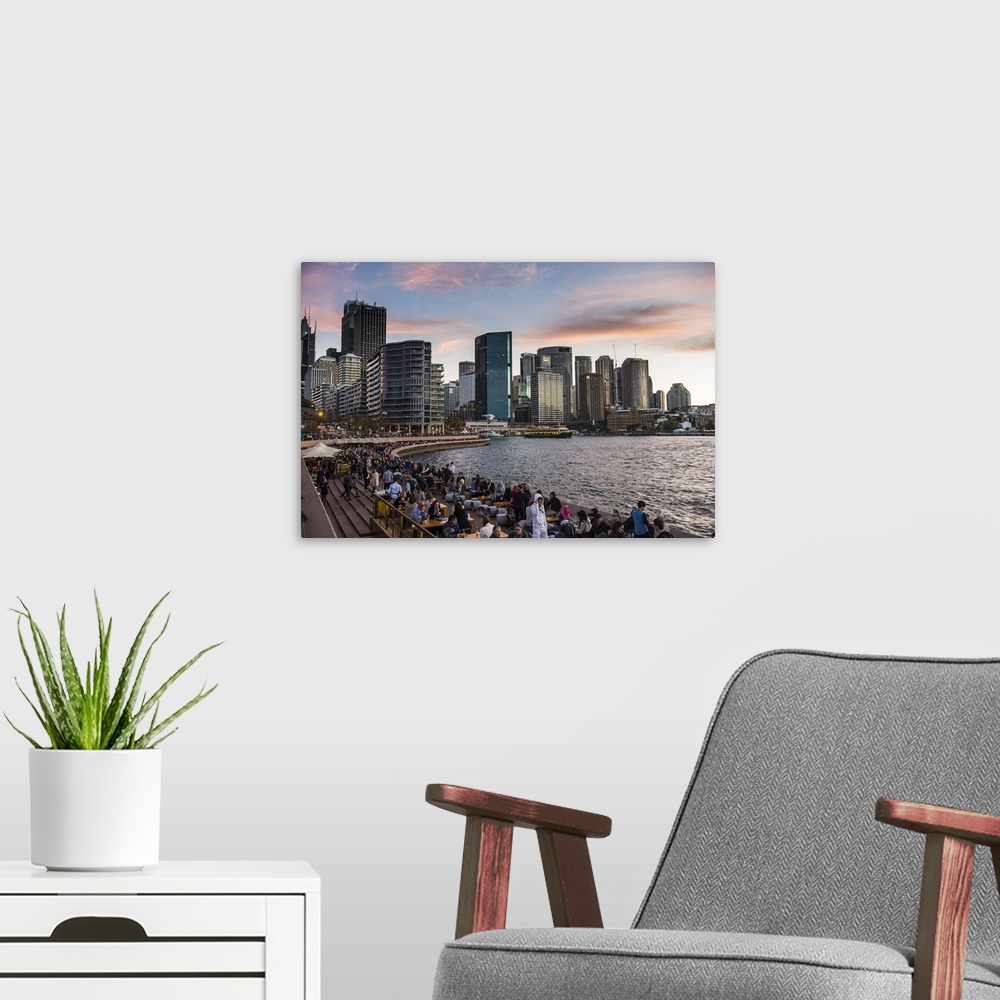 A modern room featuring Sydney Harbour after sunset, Sydney, New South Wales, Australia