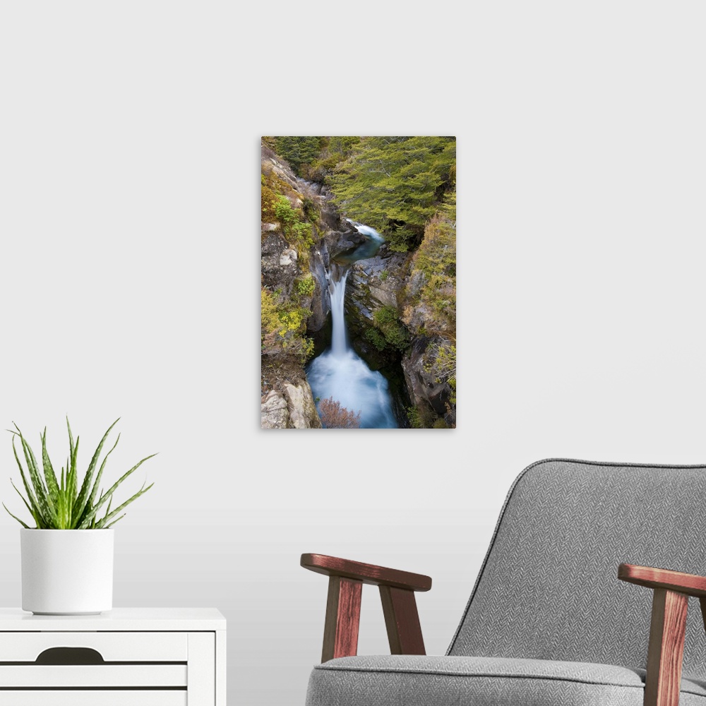 A modern room featuring Taranaki Falls, Tongariro National Park, North Island, New Zealand
