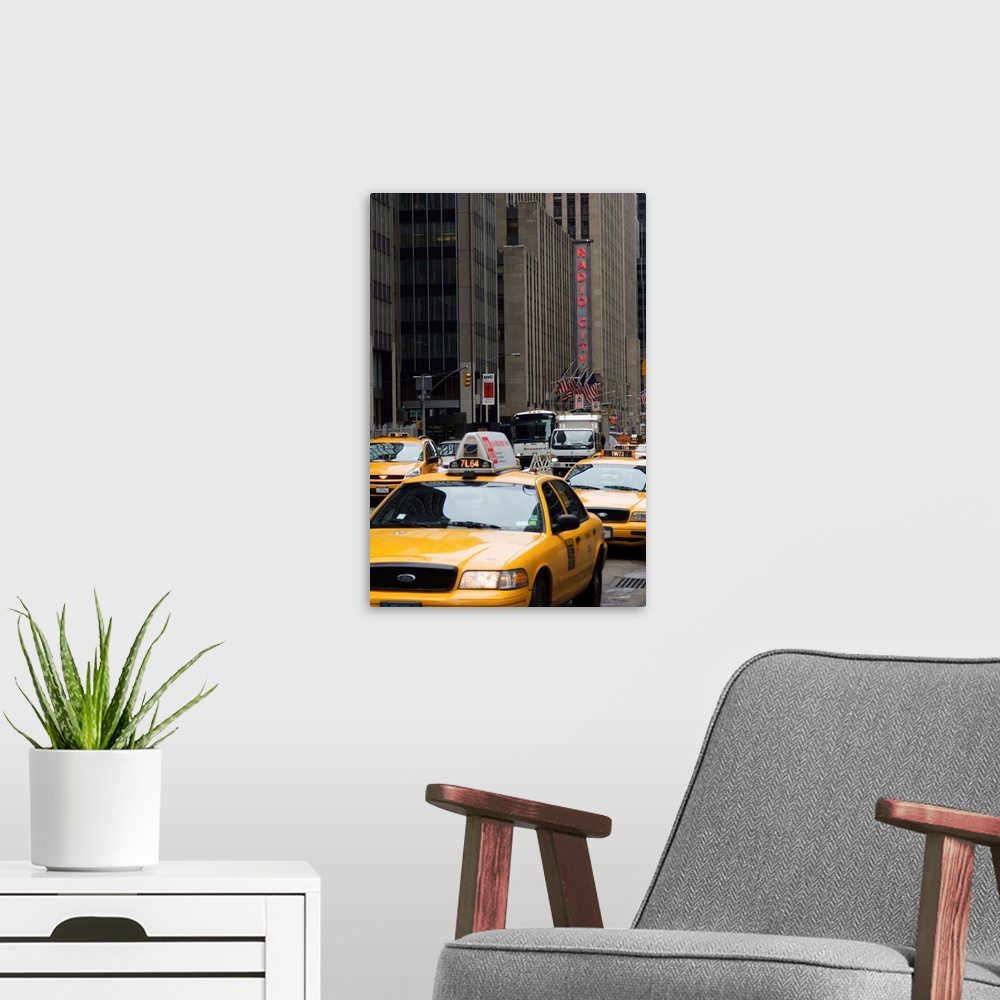 A modern room featuring Taxi cabs, Avenue of the Americas, Manhattan, New York City, New York, USA