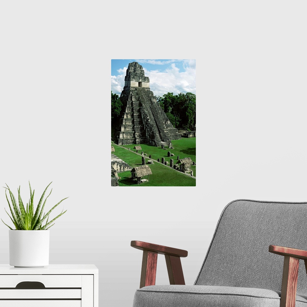 A modern room featuring Temple of the Great Jaguar in the Grand Plaza, Mayan ruins, Tikal, Peten, Guatemala