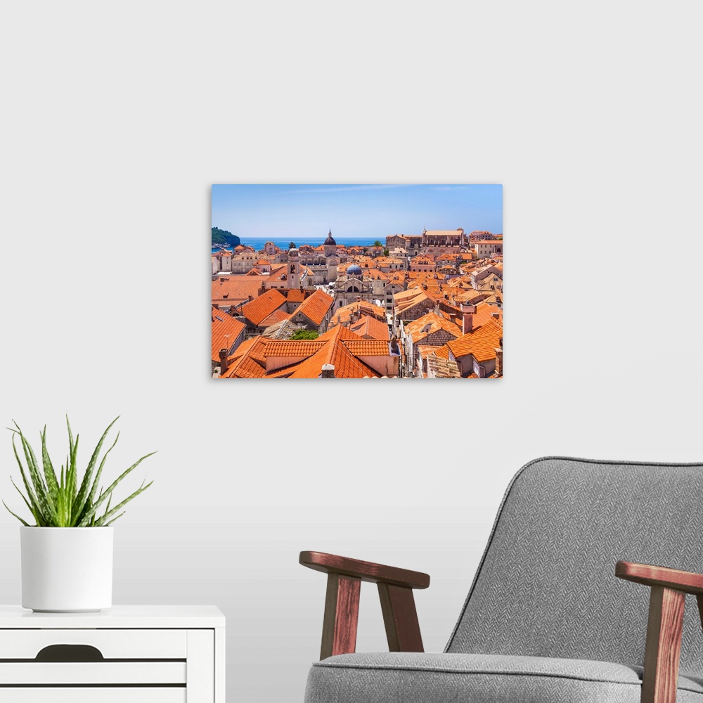 A modern room featuring Terracotta tile rooftop view of Dubrovnik Old Town, Dubrovnik, Dalmatian Coast, Croatia