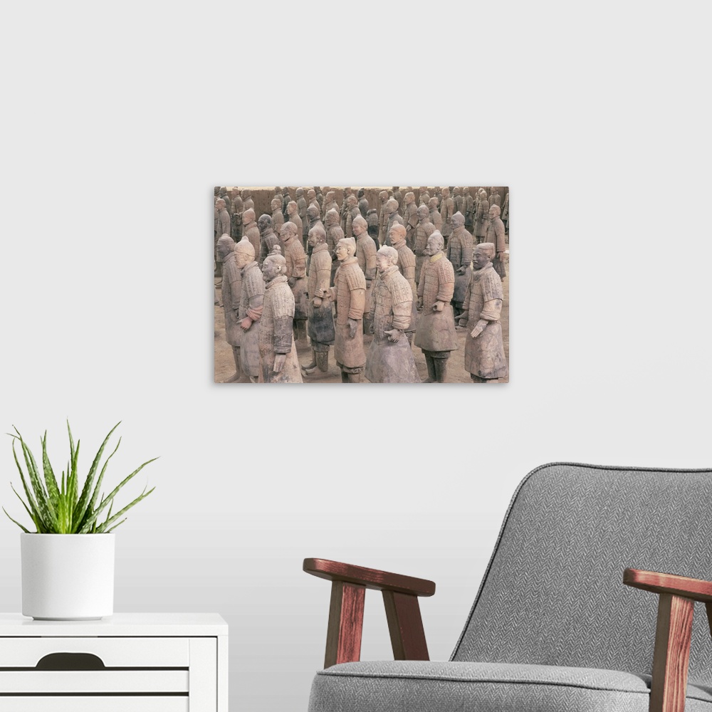 A modern room featuring Terracotta Warrior figures, Xian, Shaanxi province, China, Asia