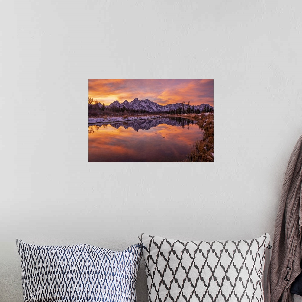 A bohemian room featuring Sunset and reflection of Teton Range in Snake River at Schwabacher's Landing, Grand Teton Nationa...