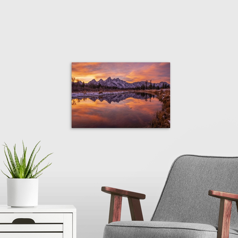 A modern room featuring Sunset and reflection of Teton Range in Snake River at Schwabacher's Landing, Grand Teton Nationa...
