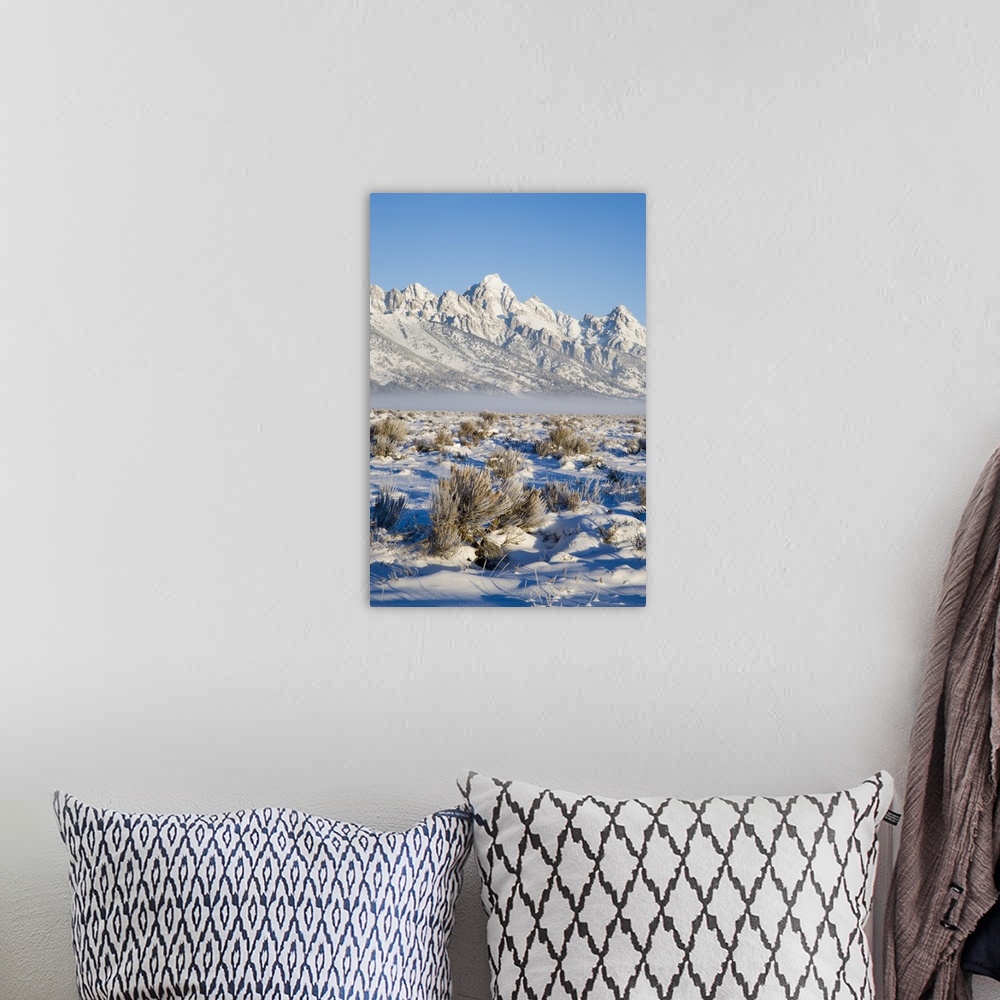 A bohemian room featuring Tetons with first light in the valley with snow, Grand Teton National Park, Wyoming