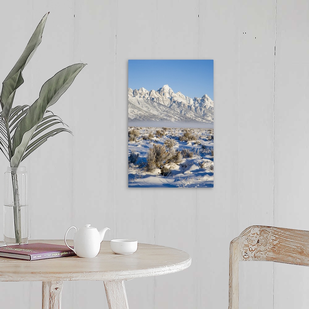 A farmhouse room featuring Tetons with first light in the valley with snow, Grand Teton National Park, Wyoming