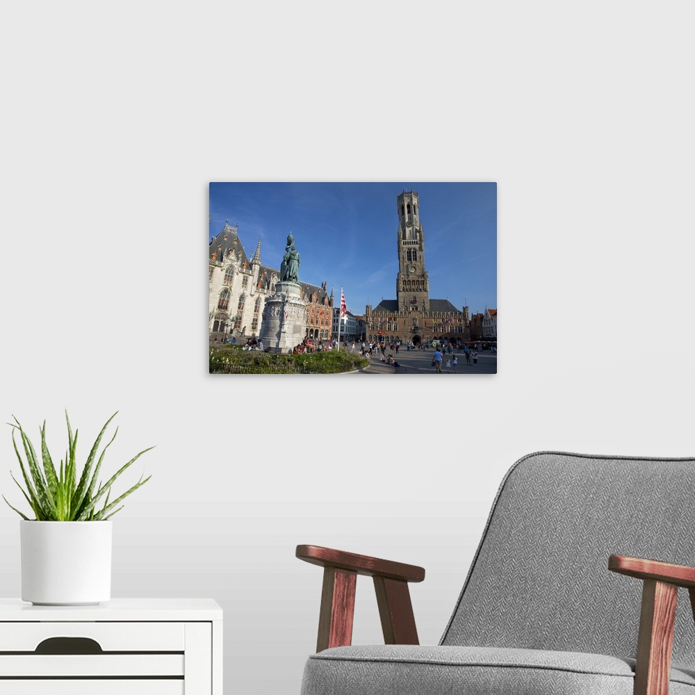 A modern room featuring The Belfry (Belfort Tower), Markt Square, Bruges, UNESCO World Heritage Site, West Flanders, Belg...