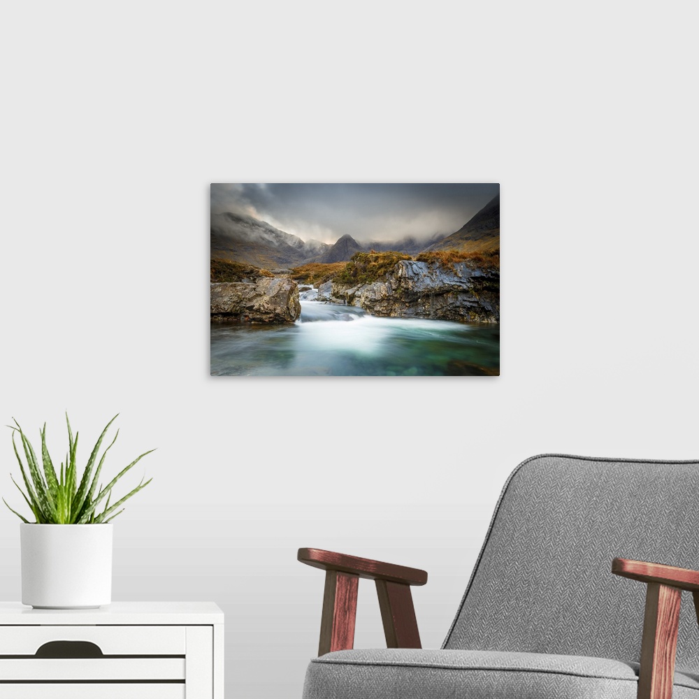 A modern room featuring The Black Cuillin mountains in Glen Brittle from the Fairy Pools, Isle of Skye, Inner Hebrides, S...
