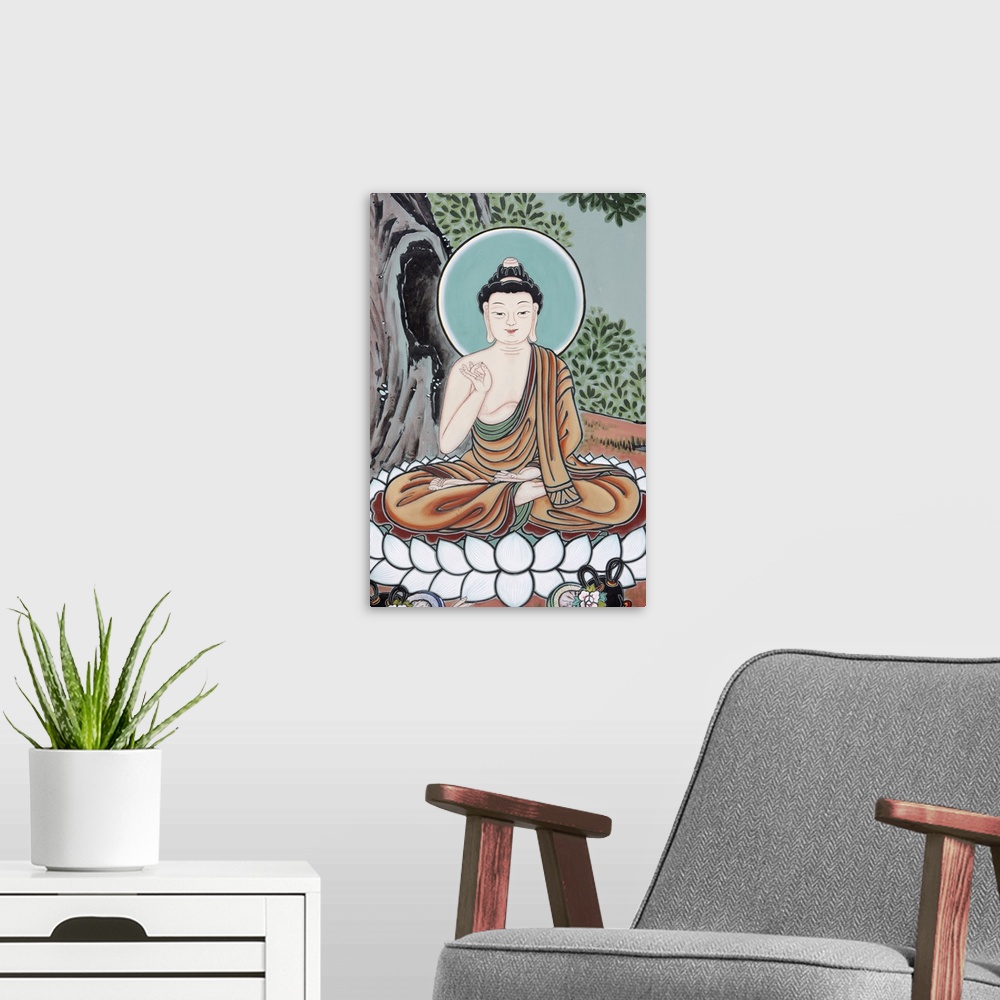 A modern room featuring The Buddha teaching depicted in the Life of Buddha, Seoul, South Korea, Asia.
