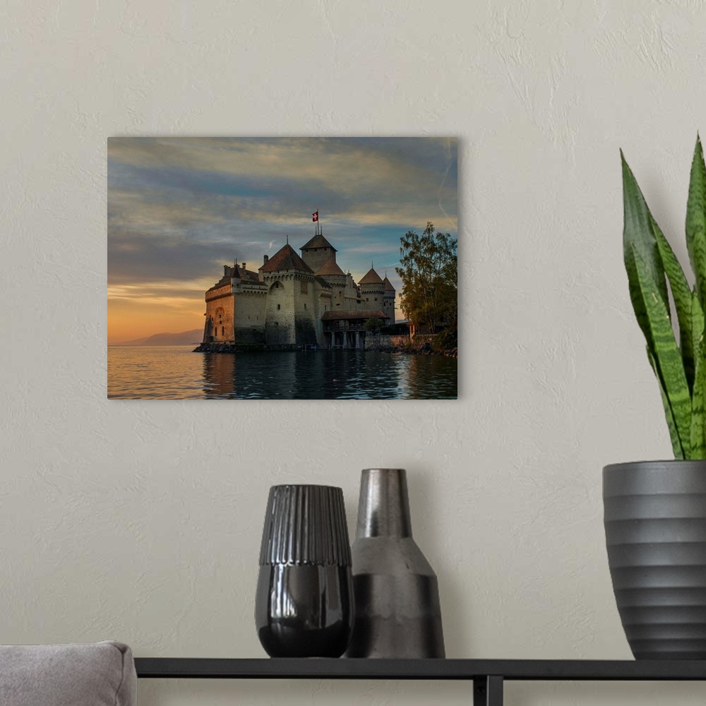 A modern room featuring The Castle of Chillon, on Lake Geneva, Montreux, Canton Vaud, Switzerland