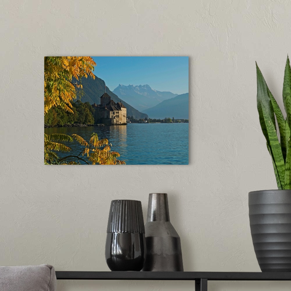 A modern room featuring The Castle of Chillon, on Lake Geneva, Montreux, Canton Vaud, Switzerland