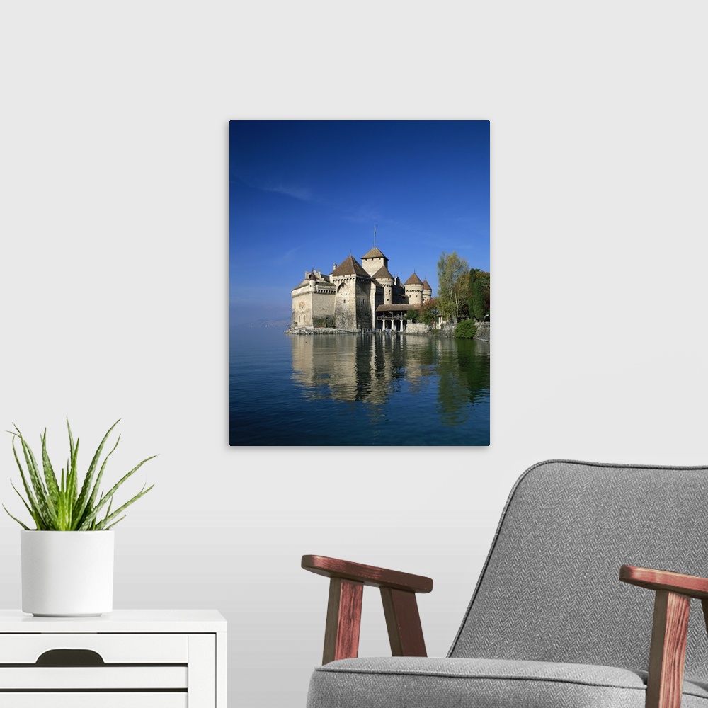 A modern room featuring The Chateau de Chillon on Lake Geneva, Switzerland