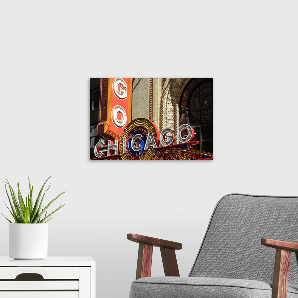 A modern room featuring The Chicago Theater sign has become an iconic symbol of the city, Chicago, Illinois