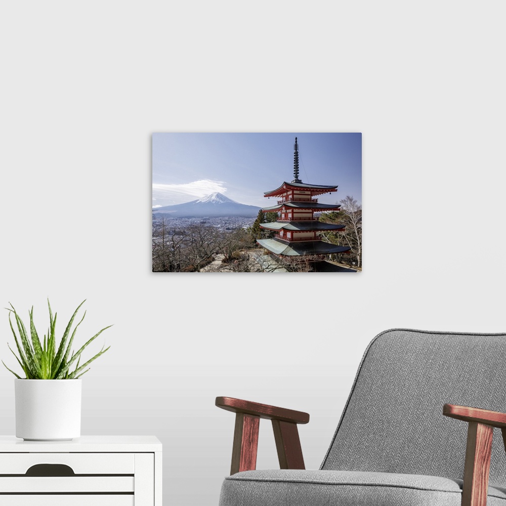 A modern room featuring The Chureito Pagoda and Mount Fuji, Honshu, Japan, Asia