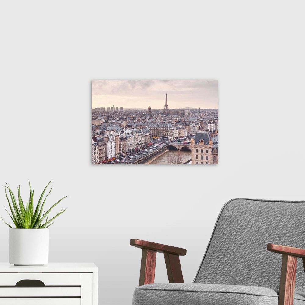 A modern room featuring The city of Paris as seen from Notre Dame cathedral, Paris, France, Europe