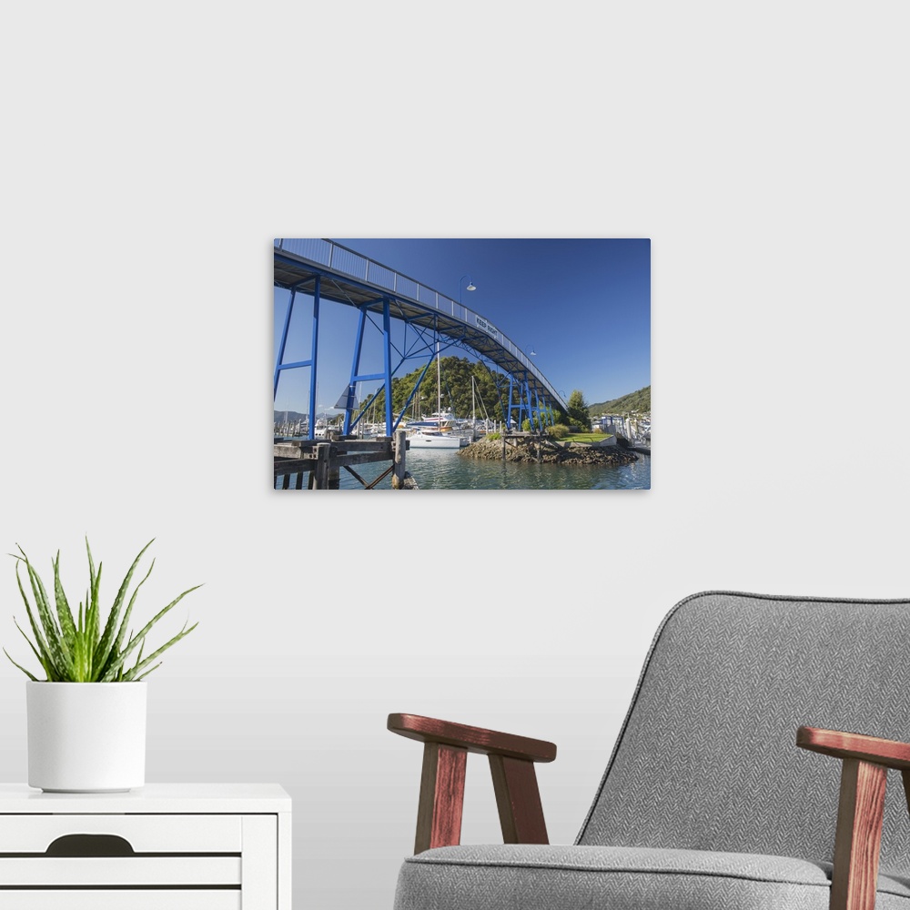 A modern room featuring The Coathanger Bridge spanning the marina, Picton, Marlborough, South Island, New Zealand, Pacific