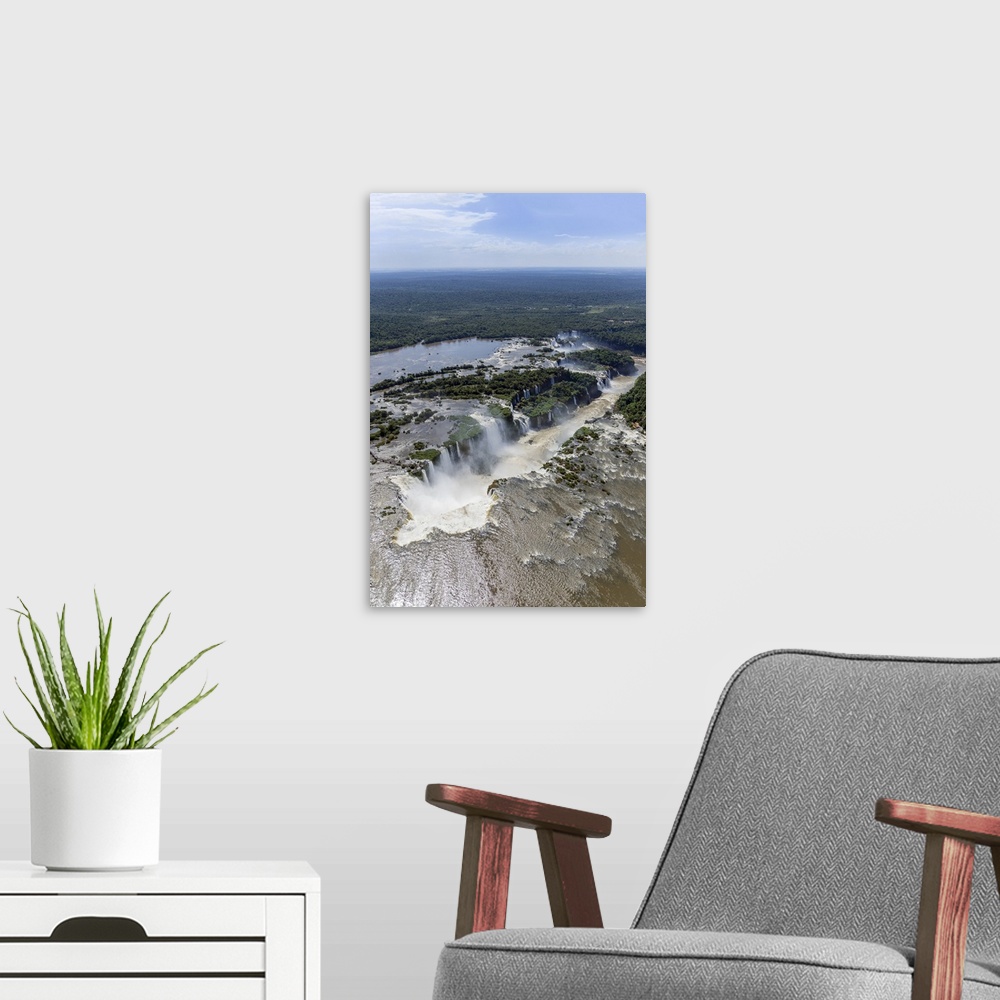 A modern room featuring Aerial view of the Devil's Throat and the Iguassu River, Iguazu Falls, UNESCO World Heritage Site...