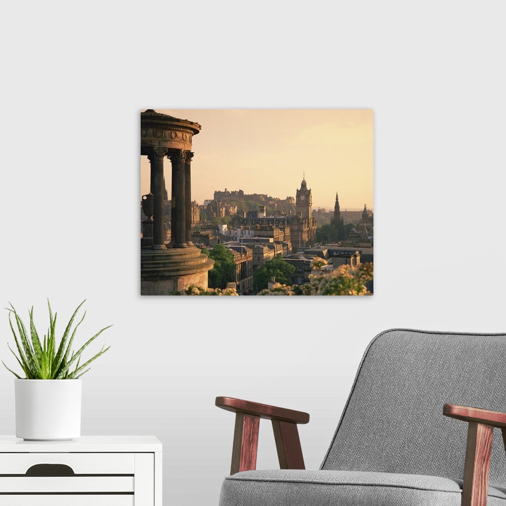 A modern room featuring The Dugald Stewart Monument and view over Princes Street, Edinburgh, Lothian, Scotland