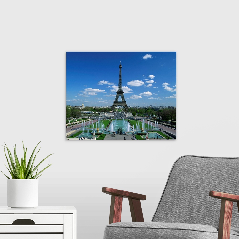 A modern room featuring The Eiffel Tower with water fountains, Paris, France, Europe