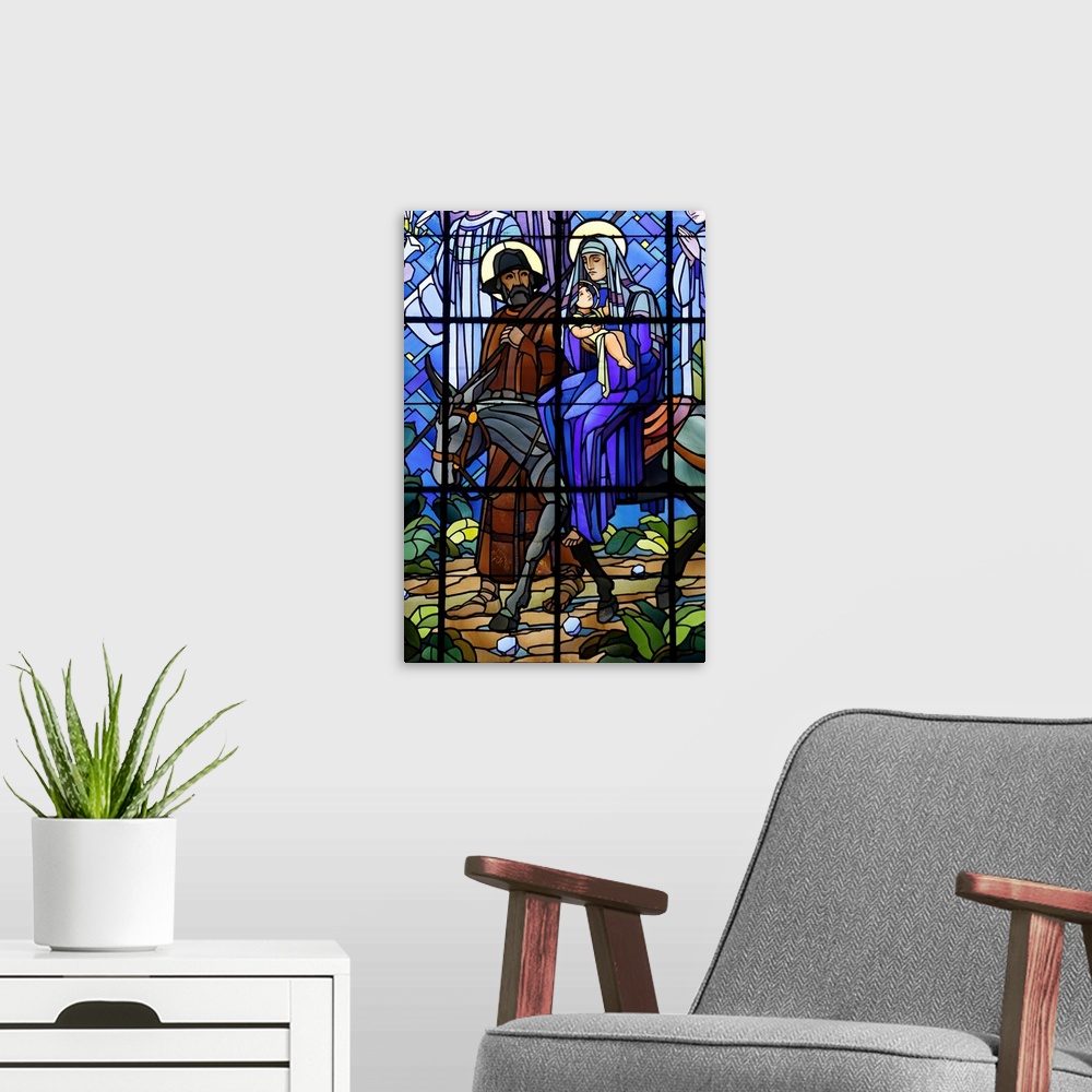 A modern room featuring Stained glass window of the Flight into Egypt, in Chedde church, Haute Savoie, France, Europe.