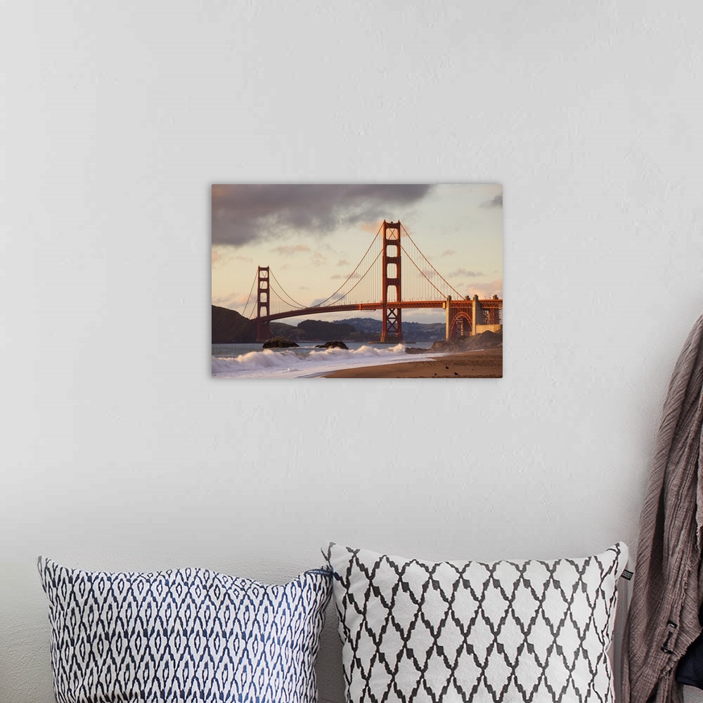 A bohemian room featuring The Golden Gate Bridge, linking the city of San Francisco with Marin County, taken from Baker Bea...