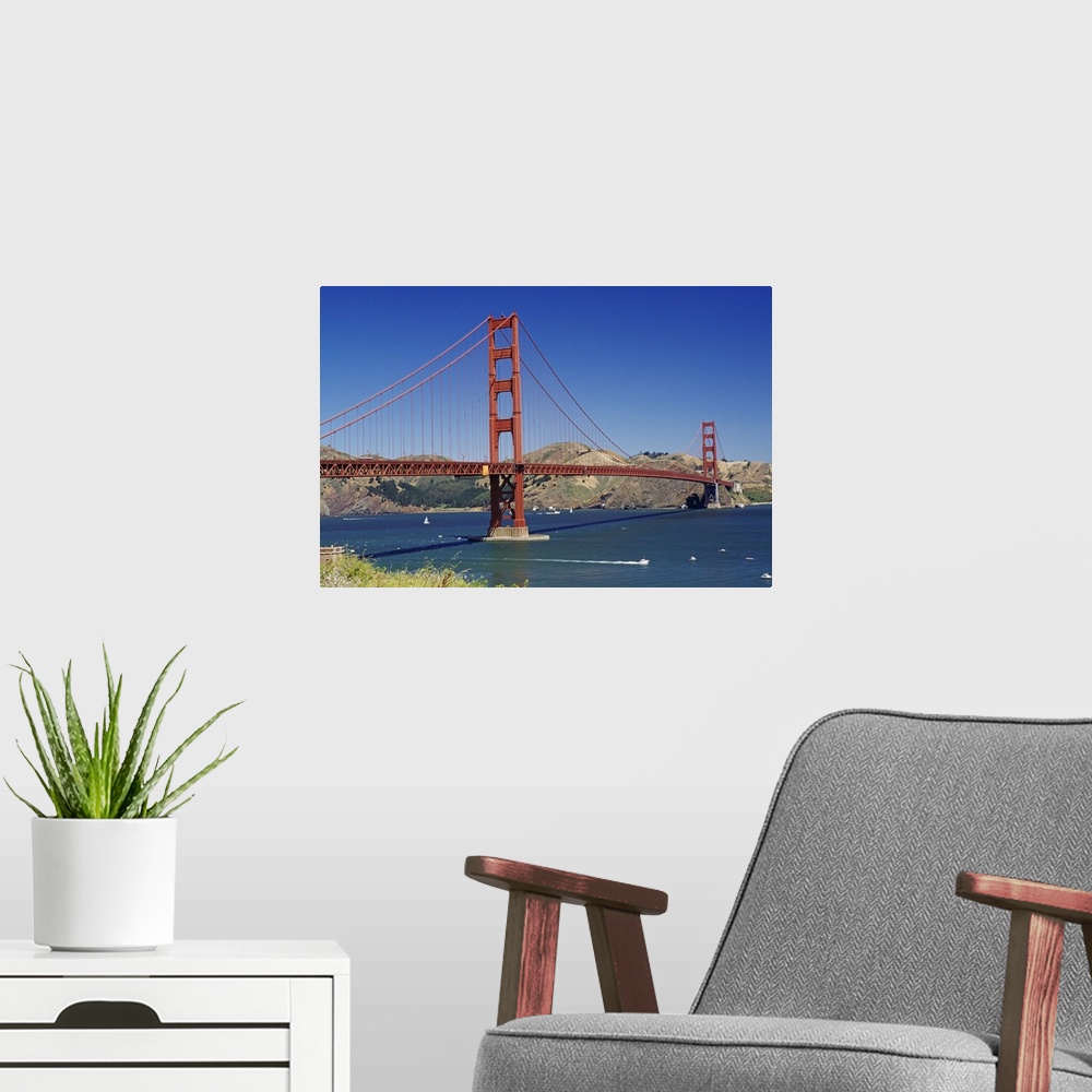 A modern room featuring The Golden Gate Bridge, San Francisco, California, USA