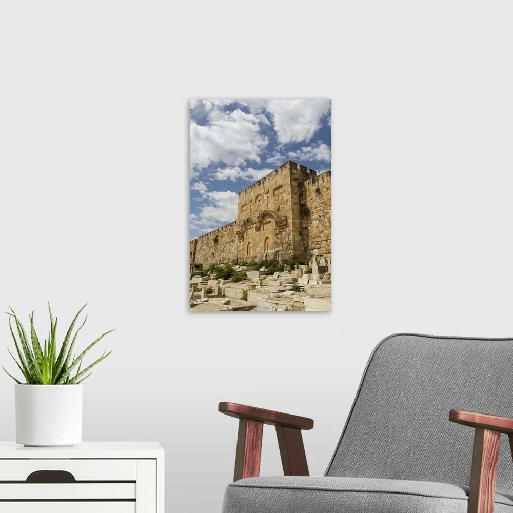 A modern room featuring The Golden Gate on the eastern wall of the Temple Mount, UNESCO World Heritage Site, Jerusalem, I...