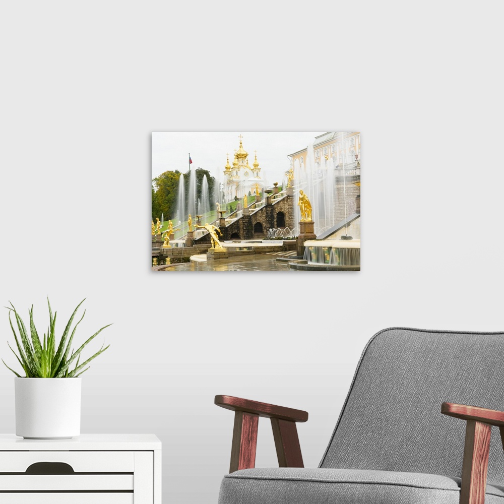 A modern room featuring The Grand Cascade in front of the Grand Palace, Peterhof, near St. Petersburg, Russia