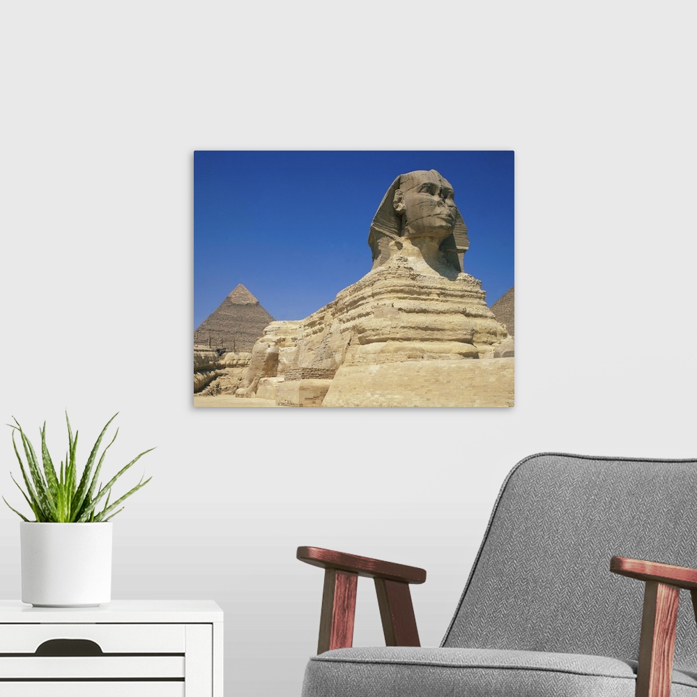 A modern room featuring The Great Sphinx and one of the pyramids at Giza, Cairo, Egypt