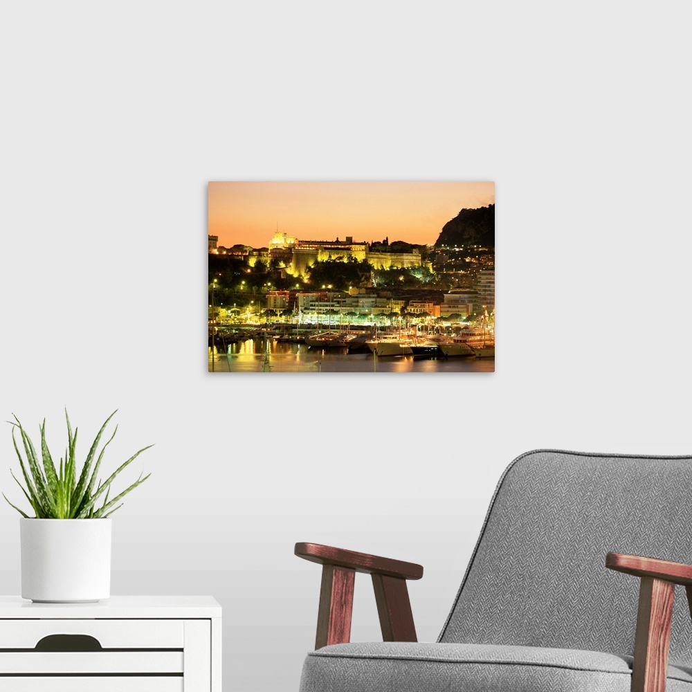A modern room featuring The harbour and Prince's Palace at sunset, Monte Carlo, Monaco, Cote d'Azur, Mediterranean, Europe