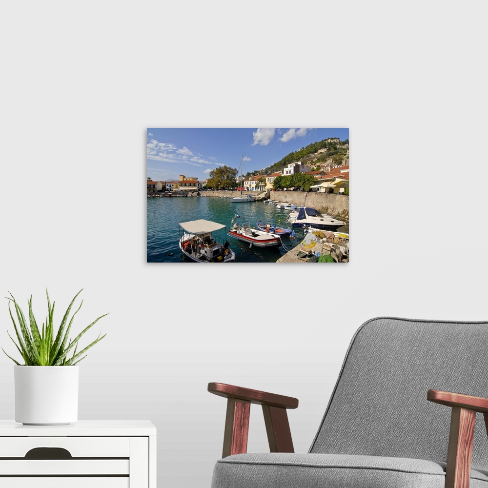 A modern room featuring The harbour of Nafpaktos, central Greece, Greece