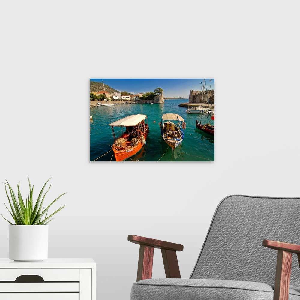 A modern room featuring The harbour of Nafpaktos, central Greece, Greece
