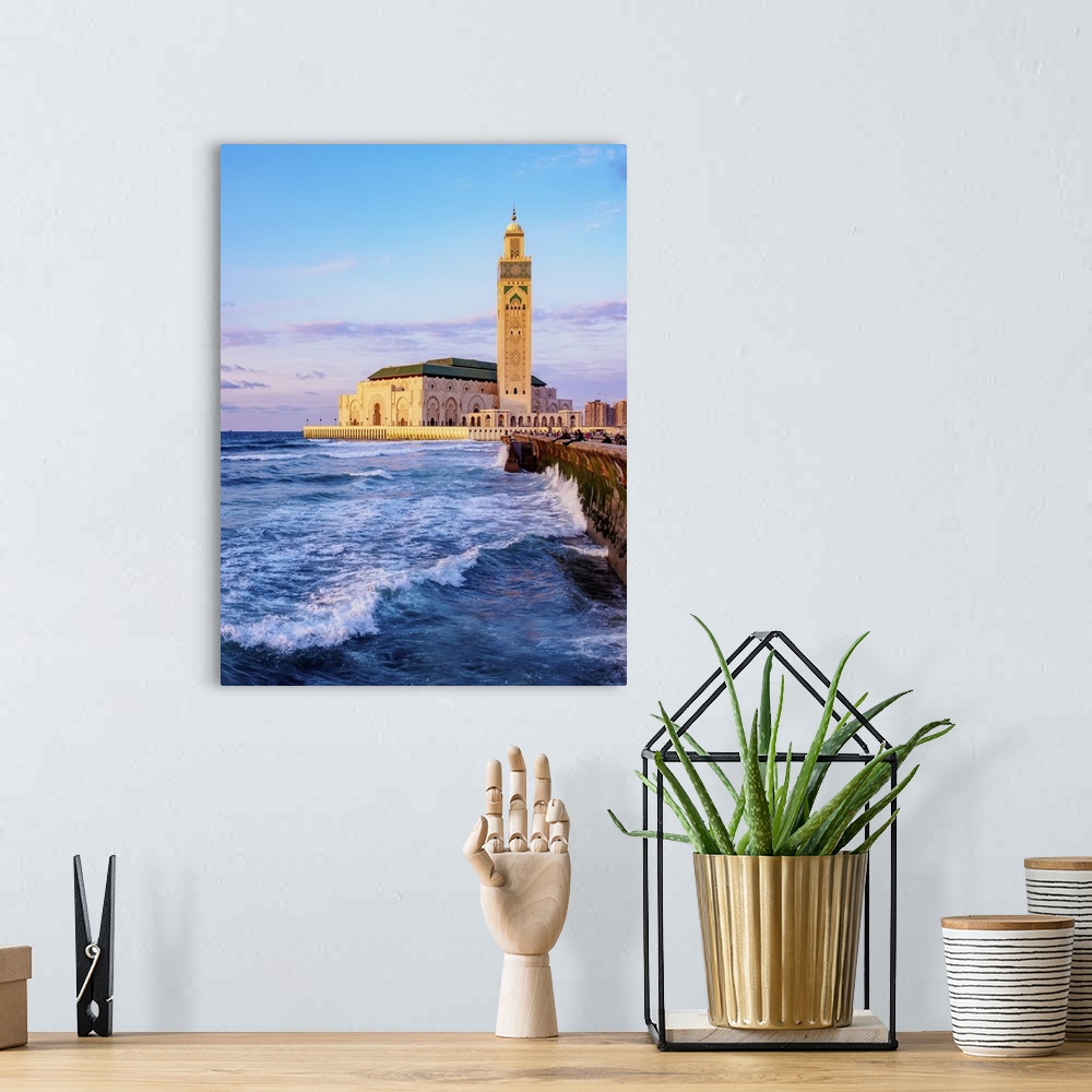 A bohemian room featuring The Hassan II Mosque at sunset, Casablanca, Casablanca-Settat Region, Morocco, North Africa, Africa