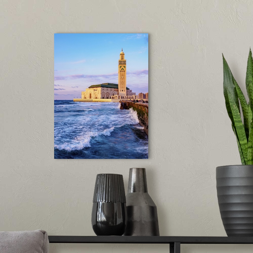 A modern room featuring The Hassan II Mosque at sunset, Casablanca, Casablanca-Settat Region, Morocco, North Africa, Africa