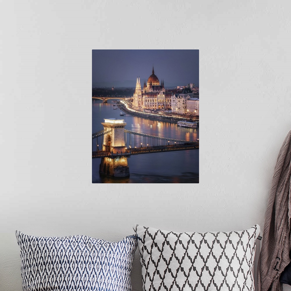 A bohemian room featuring The Hungarian Parliament on the River Danube with the Chain Bridge, UNESCO World Heritage Site, B...