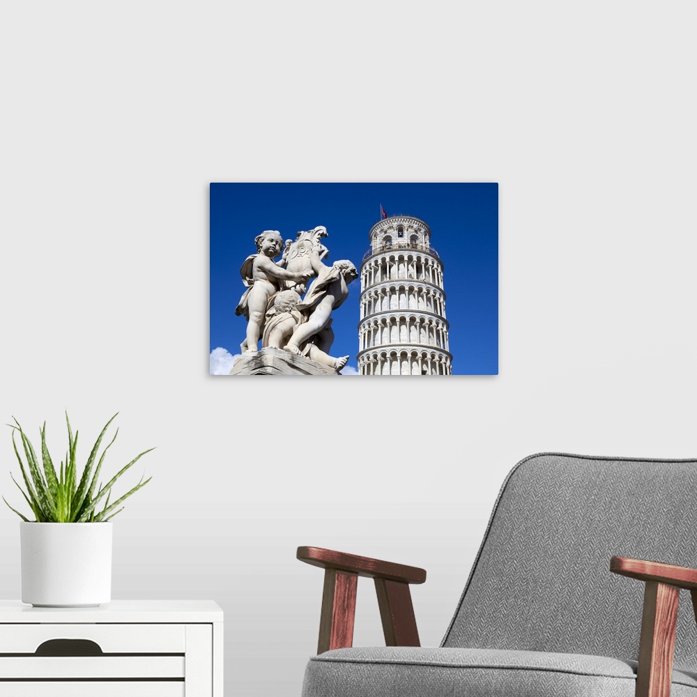 A modern room featuring The Leaning Tower of Pisa, campanile or bell tower, Fontana dei Putti, Piazza del Duomo, Pisa, Tu...
