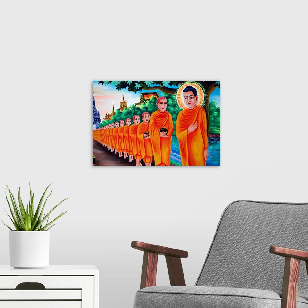 A modern room featuring The Life of the Buddha, Siddhartha Gautama, mural showing a visit to Rajagaha City, where the Bud...