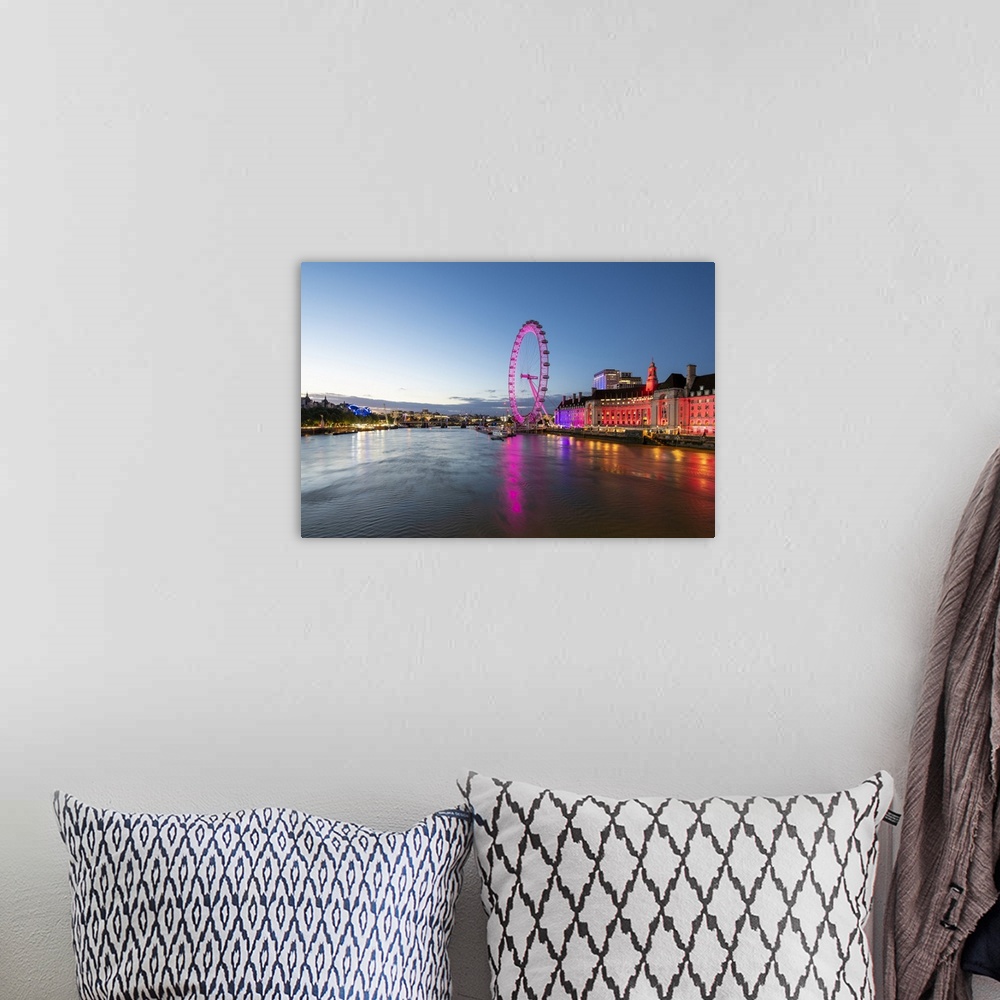A bohemian room featuring The London Eye lit up pink during blue hour, and River Thames, London, England, United Kingdom, E...