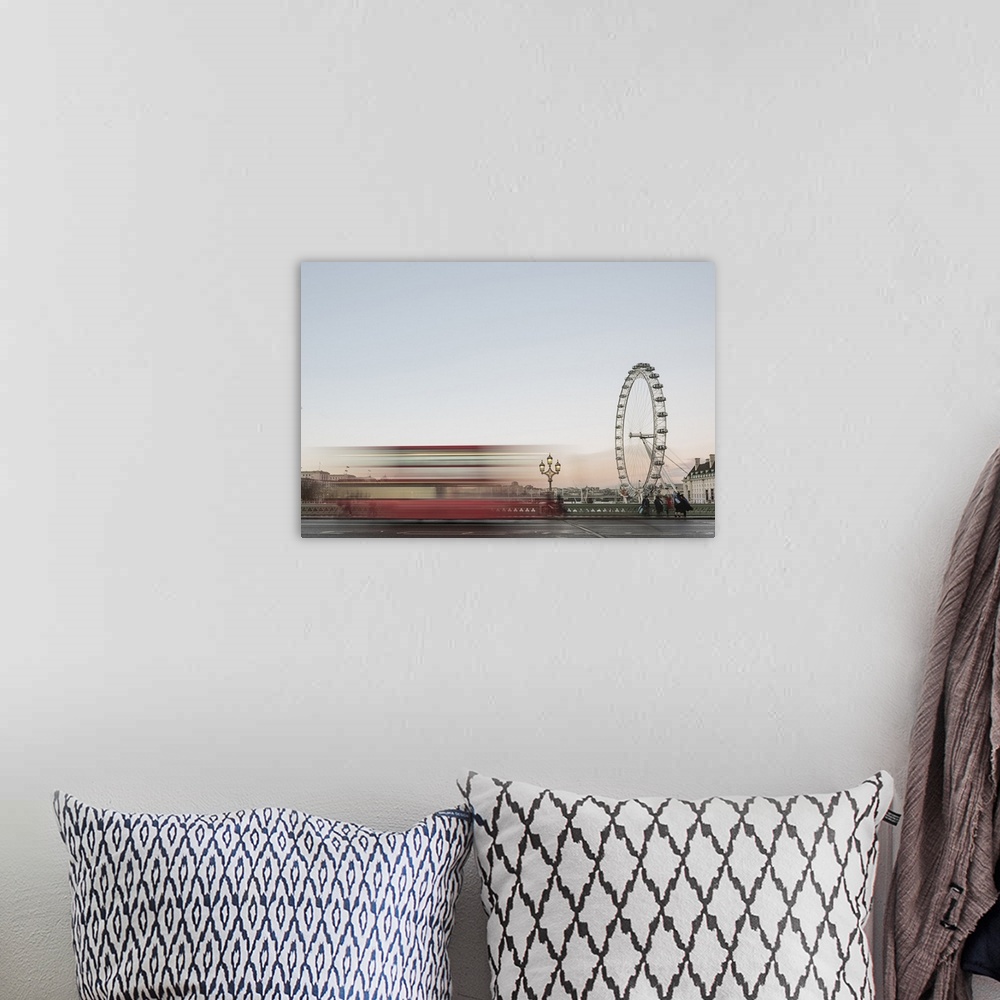 A bohemian room featuring The London Eye, with red London bus on Westminster Bridge at sunset, South Bank, London, England,...