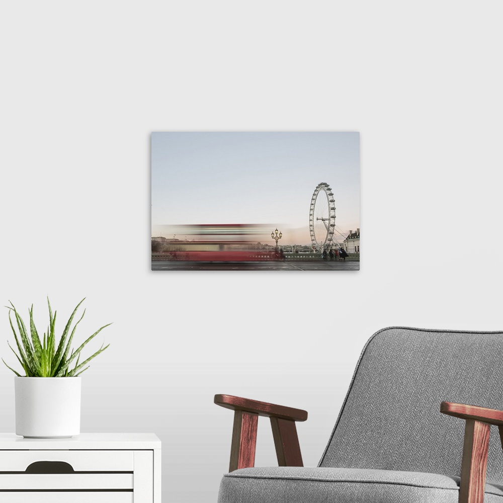 A modern room featuring The London Eye, with red London bus on Westminster Bridge at sunset, South Bank, London, England,...