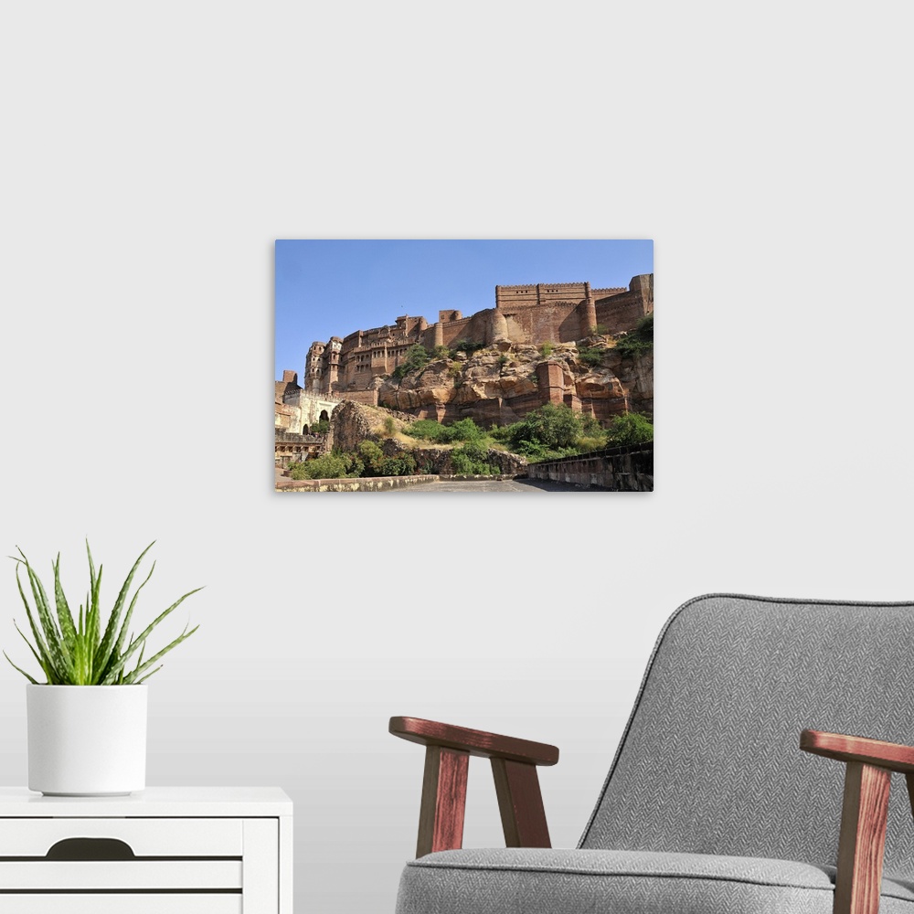 A modern room featuring The Mehrangarh Fort of Jodhpur, Rajasthan, India, Asia.