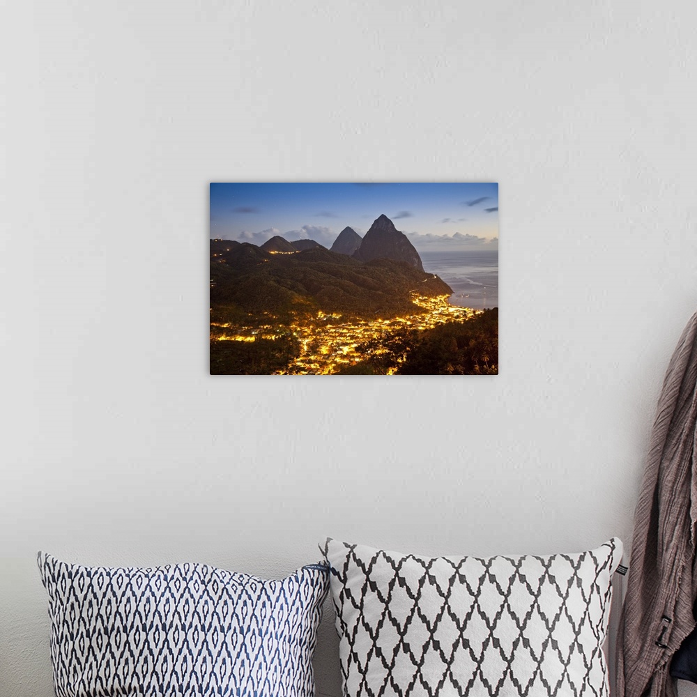 A bohemian room featuring The Pitons and Soufriere at night, St. Lucia, Windward Islands, West Indies, Caribbean