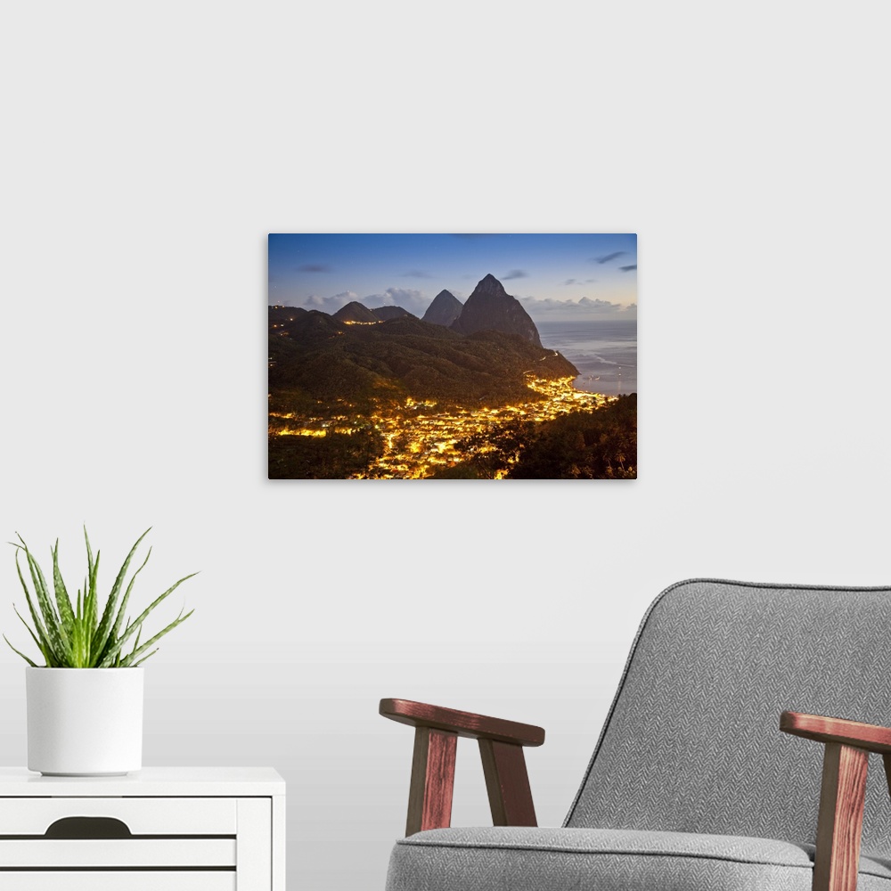 A modern room featuring The Pitons and Soufriere at night, St. Lucia, Windward Islands, West Indies, Caribbean