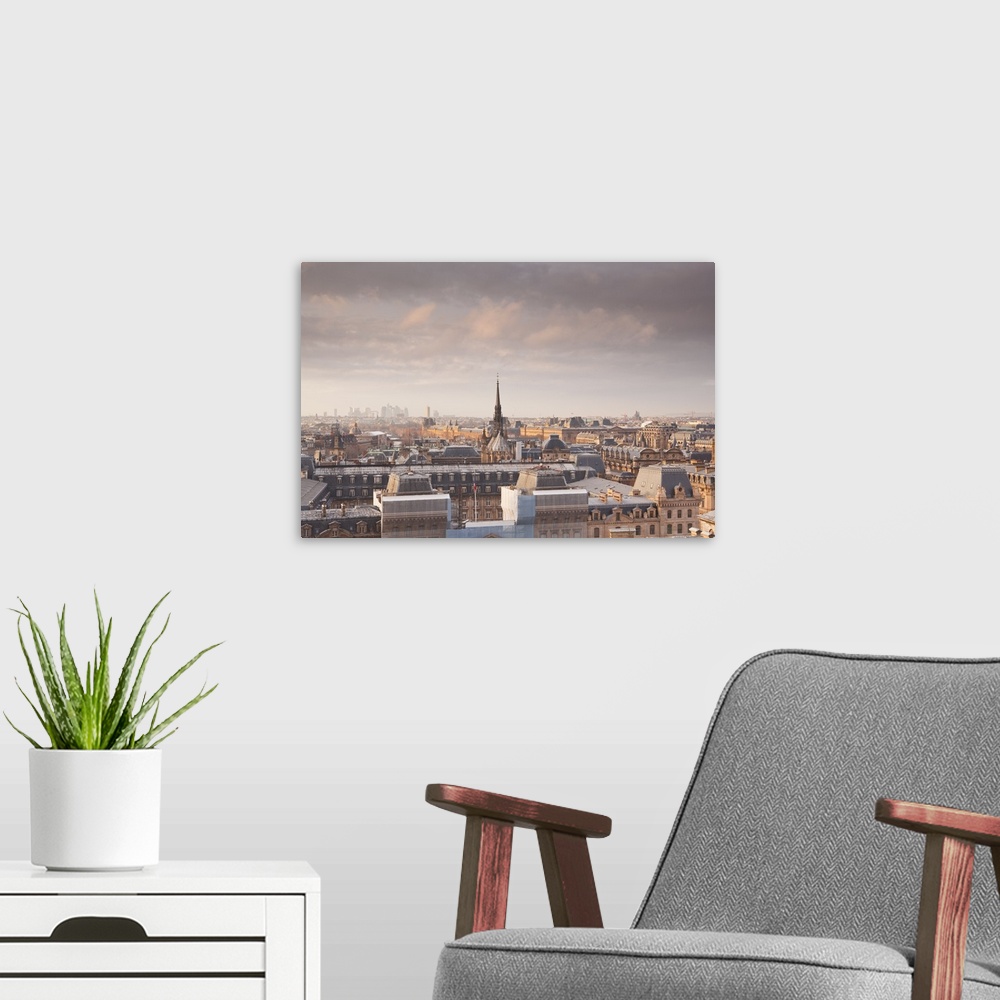 A modern room featuring The rooftops of Paris from Notre Dame cathedral, Paris, France