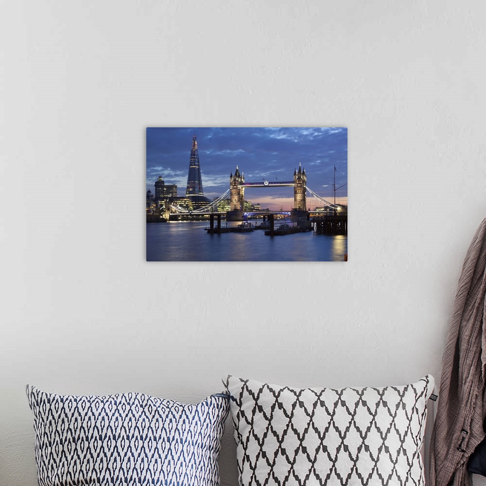 A bohemian room featuring The Shard and Tower Bridge on the River Thames at night, London, England, United Kingdom, Europe.