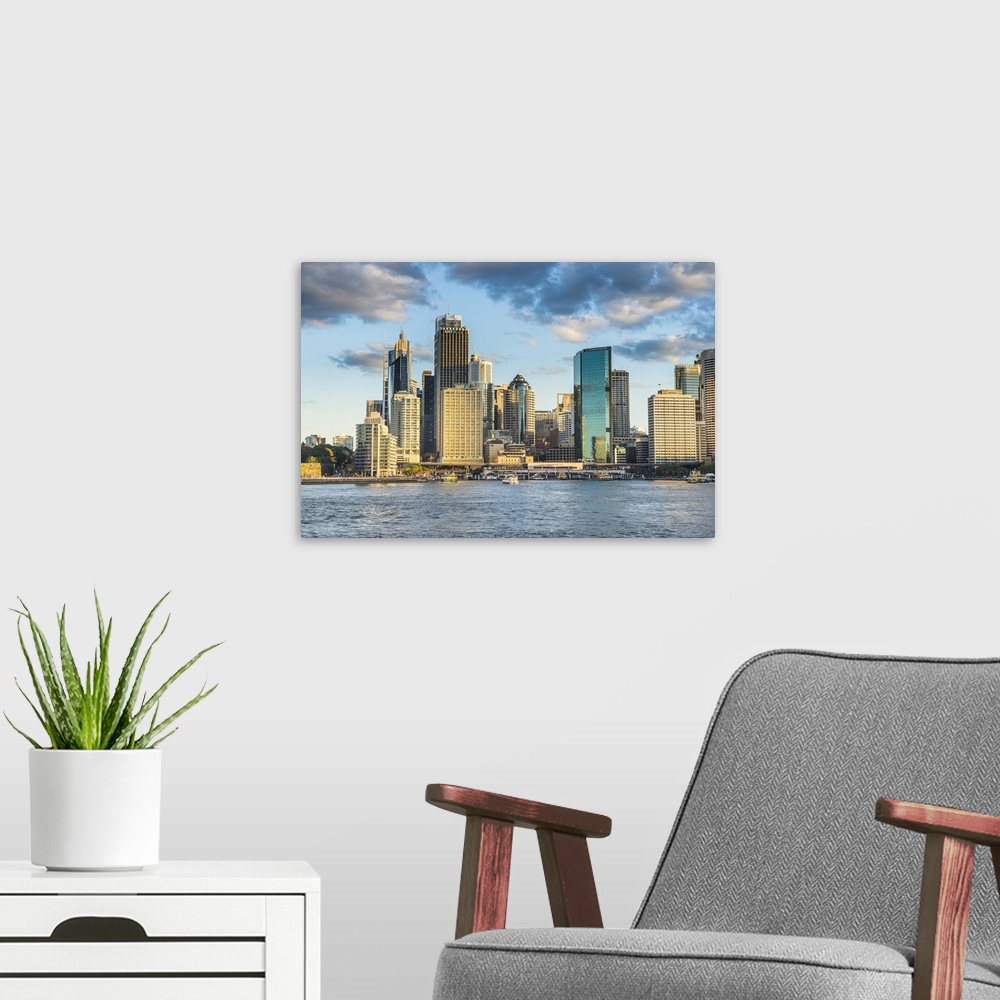 A modern room featuring The skyline of Sydney at sunset, New South Wales, Australia
