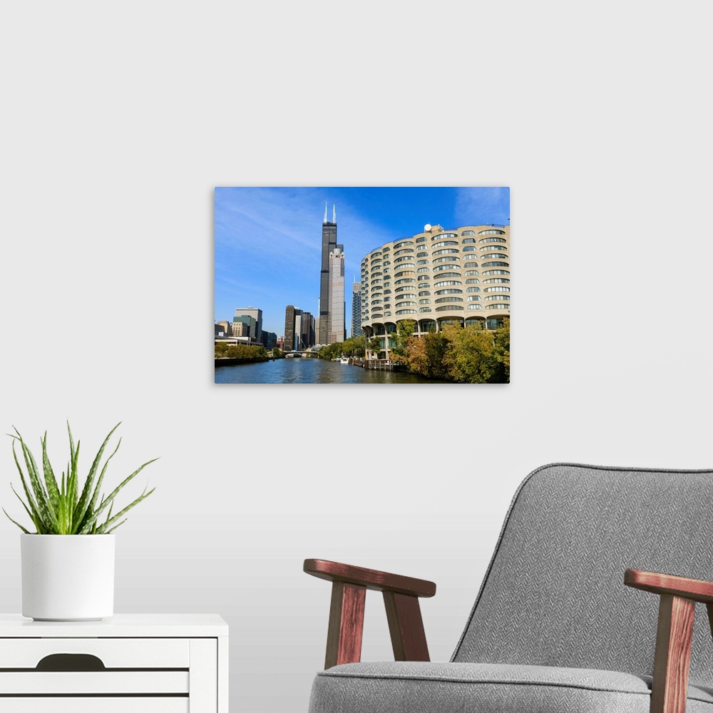 A modern room featuring The south branch of the Chicago River, Chicago, Illinois, USA