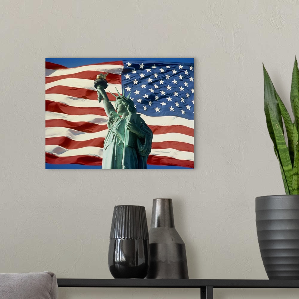 A modern room featuring The Statue of Liberty with the Stars & Stripes, New York, United States of America, North America